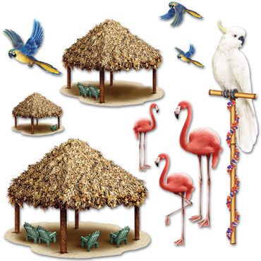 Tiki Hut & Tropical Bird Props 10 pieces 8in - 4ft 2in - Party Savers
