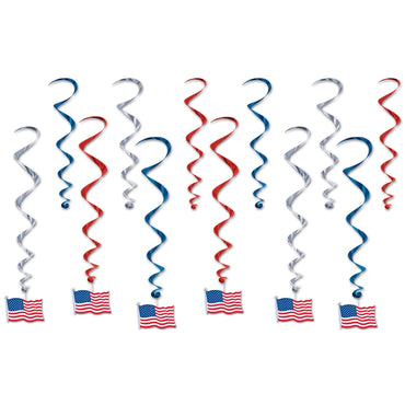 American Flag Whirls Whirls 17.5in-28in 12pk - Party Savers