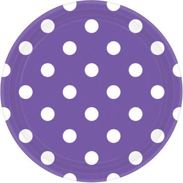 New Purple Dots Round Paper Plates 17cm 8pk