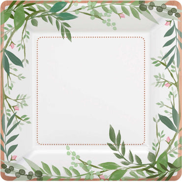 Love and Leaves Square Metallic Plates 17.7cm 8pk - Party Savers