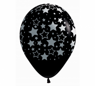 Bold Stars Printed Black Latex Balloons 30cm 12PK - Party Savers