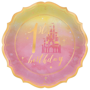 Disney Princess Once Upon A Time 1st Birthday Metallic Shaped Plates 17cm 8pk - Party Savers
