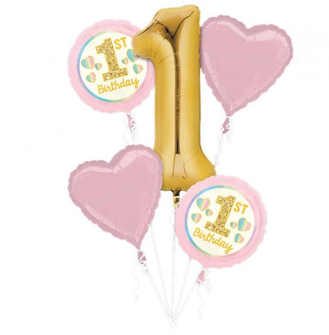 1st Birthday Pink & Gold Balloon Bouquet Girl 5pk - Party Savers