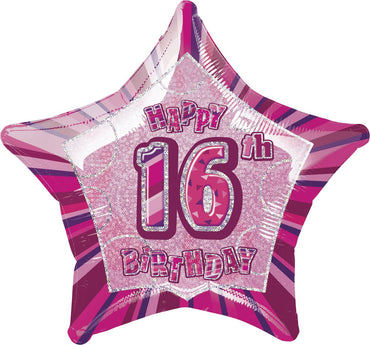 Pink Glitz 16th Birthday Star Foil Balloon 50cm - Party Savers