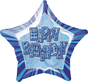 Blue Glitz Happy Birthday Star Foil Balloon 50cm - Party Savers
