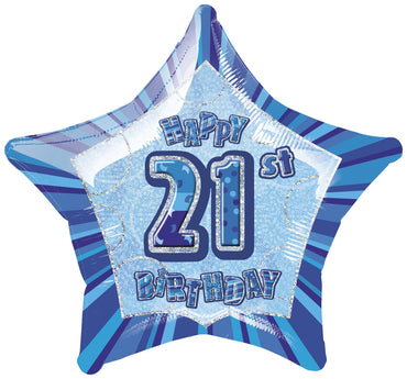 Blue Glitz 21st Birthday Star Foil Balloon 50cm - Party Savers