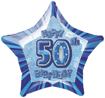 Blue Glitz 50th Birthday Star Foil Balloon 50cm - Party Savers