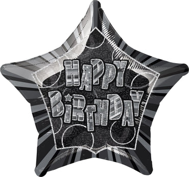 Black Glitz Happy Birthday Star Foil Balloon 50cm - Party Savers