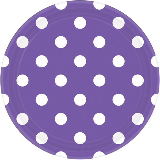 New Purple Dots Round Paper Plates 23cm 8pk