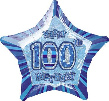 Blue Glitz 100th Birthday Star Foil Balloon 50cm - Party Savers