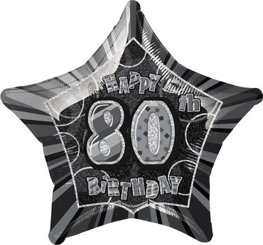 Black Glitz 80th Birthday Star Foil Balloon 50cm - Party Savers
