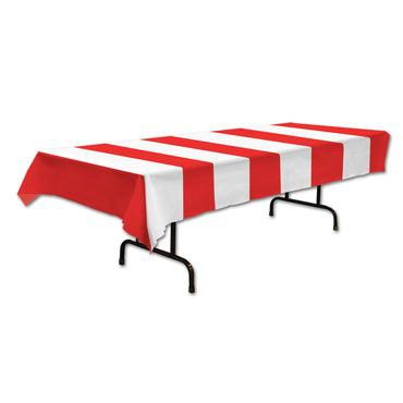 Red & White Stripes Tablecover 137cm X 274 - Party Savers