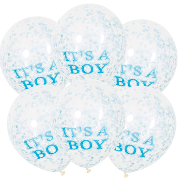 It's A Boy Clear Balloons With Blue Confetti 30cm 6pk - Party Savers