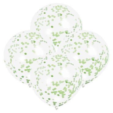 Clear Balloons With Lime Green Confetti 30cm 6pk - Party Savers