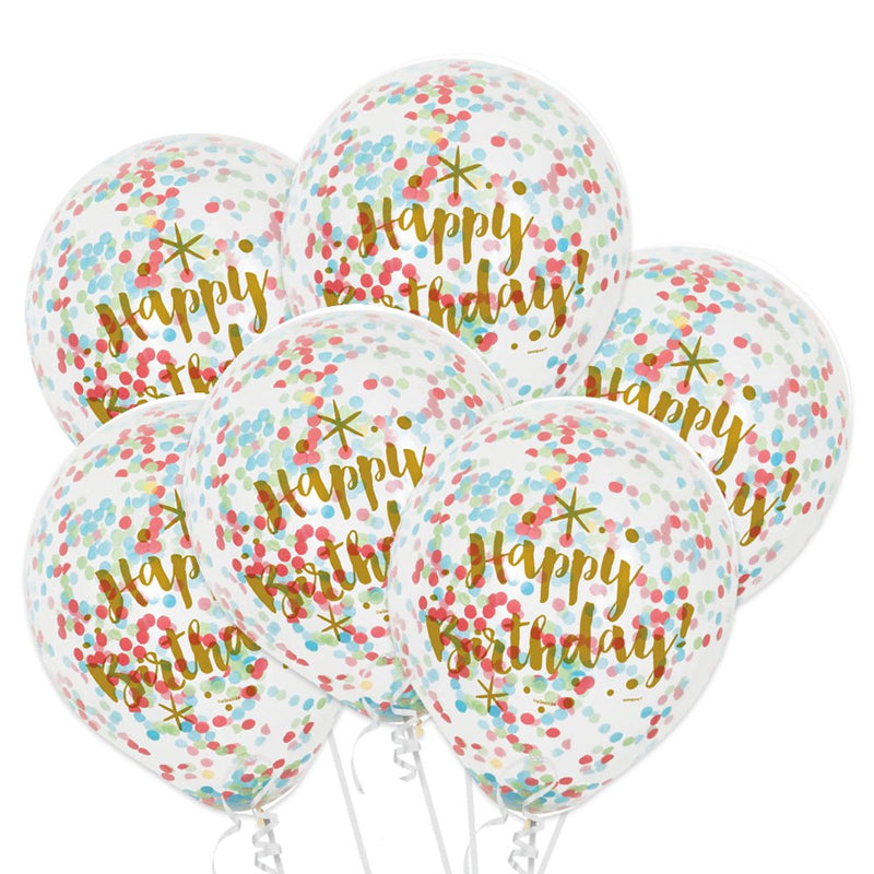 Gold Birthday Clear Balloons With Multi Coloured Confetti 30cm 6pk - Party Savers