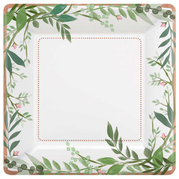 Love and Leaves Square Metallic Paper Plates 25cm 8pk - Party Savers