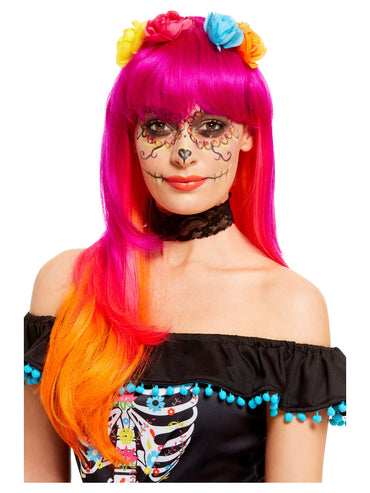 Deluxe Day of the Dead Pink & Orange Wig - Party Savers