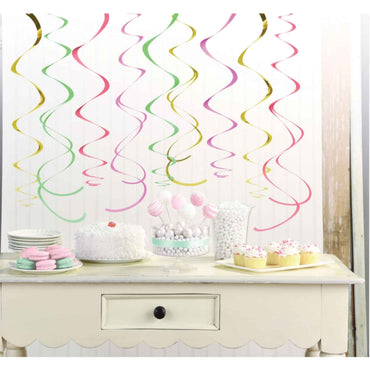 Pastel Swirl Decorations Pastel Colours & Gold Foil 12pk - Party Savers
