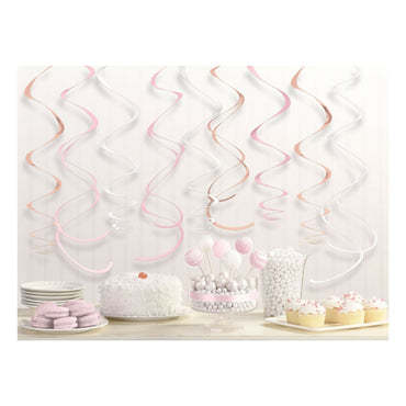 Rose Gold & Blush Hanging Swirls Decorations Foil & Plastic 12pk - Party Savers