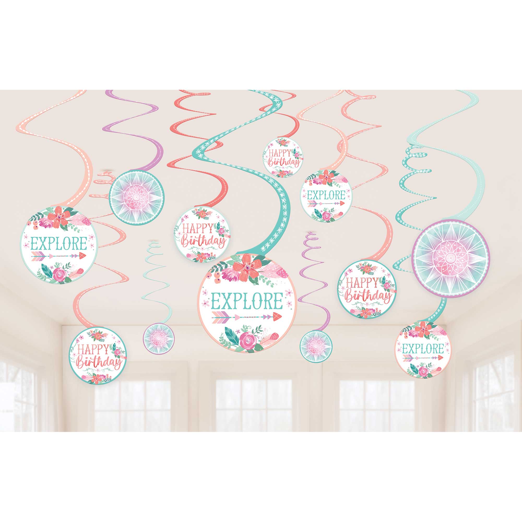 Free Spirit Happy Birthday Spiral Decorations 12pk