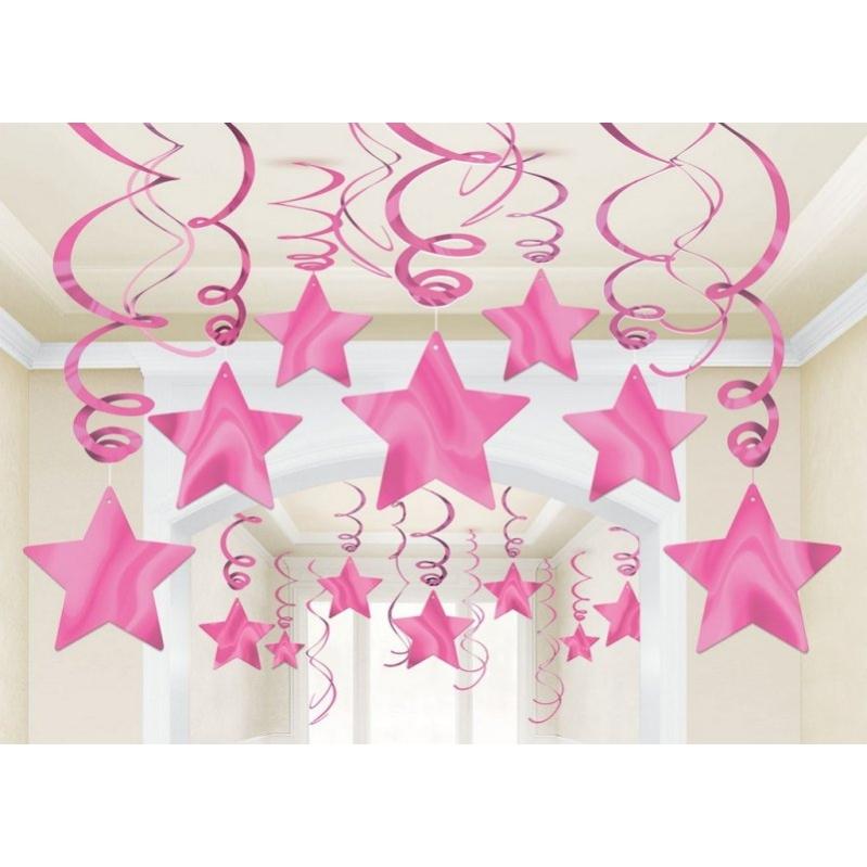 Bright Pink Shooting Stars Foil Mega Value Pack Swirl Decorations 30pk - Party Savers