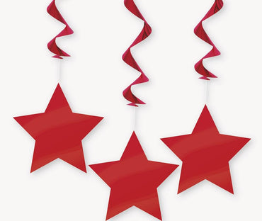Red Star Hanging Swirl Decorations 90cm 3pk - Party Savers