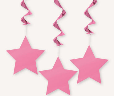 Bright Pink Star Hanging Swirl Decorations 90cm 3pk - Party Savers