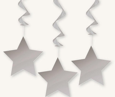 Silver Star Hanging Swirl Decorations 90cm 3pk - Party Savers