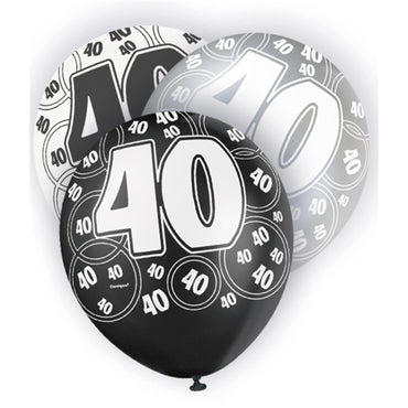 Black Glitz 40th Birthday Latex Balloons 30cm 6pk - Party Savers
