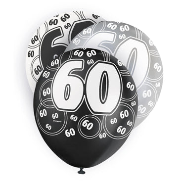 Black Glitz 60th Birthday Latex Balloons 30cm 6pk - Party Savers