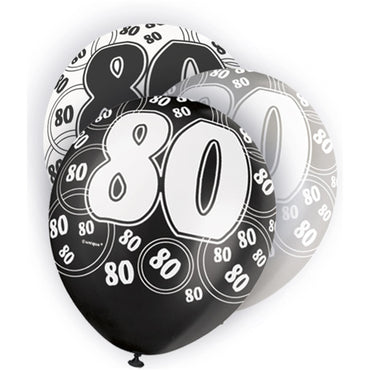 Black Glitz 80th Birthday Latex Balloons 30cm 6pk - Party Savers