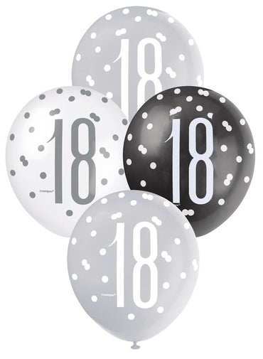 Black, Silver and White Assorted  18 Latex Balloons 30cm 6pk