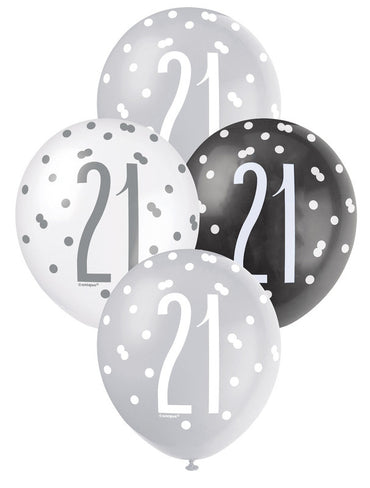 Black, Silver and White Assorted 21 Latex Balloons 30cm 6pk