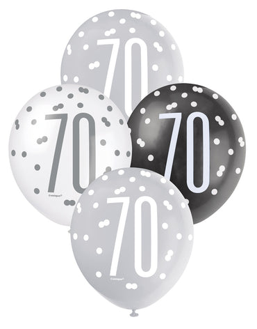 Black, Silver and White Assorted 70 Latex Balloons 30cm 6pk