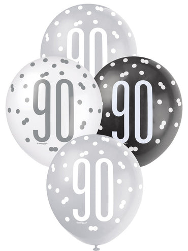 Black, Silver and White Assorted 90 Latex Balloons 30cm 6pk