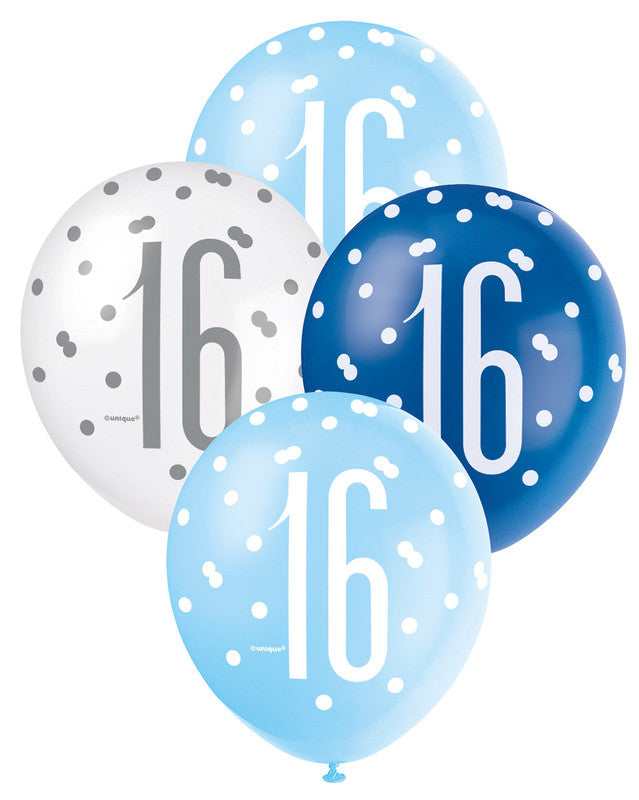 Blue and White Assorted 16 Latex Balloons 30cm 6pk