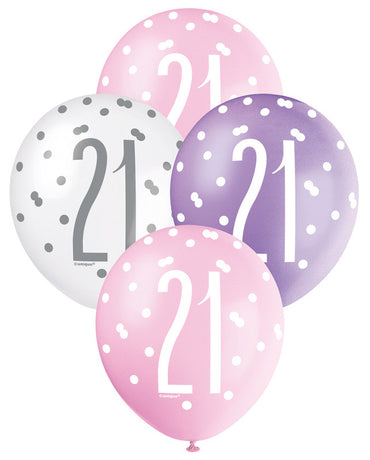 Pink, Purple and White Assorted 21 Latex Balloons 30cm 6pk