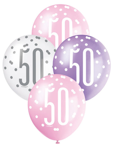Pink, Purple and White Assorted 50 Latex Balloons 30cm 6pk