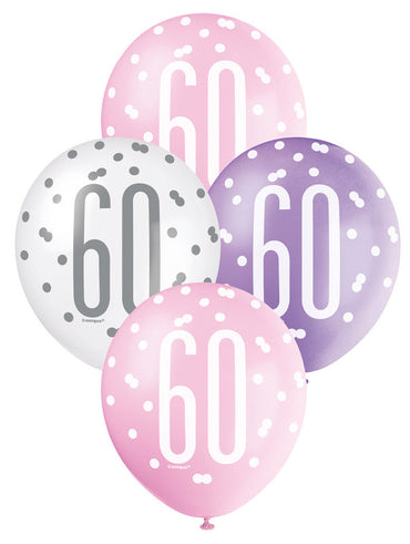 Pink, Purple and White Assorted 60 Latex Balloons 30cm 6pk