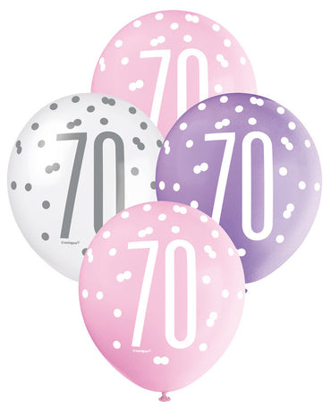 Pink, Purple and White Assorted 70 Latex Balloons 30cm 6pk