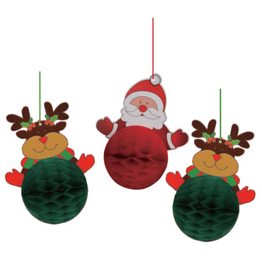 Santa & Reindeers Hanging Honeycomb Decorations 17cm x 15cm 3pk
