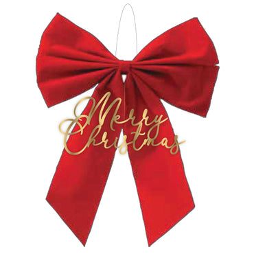 Christmas Gathered Red Bow & Merry Christmas Hanging Decoration 36cm x 30cm Each