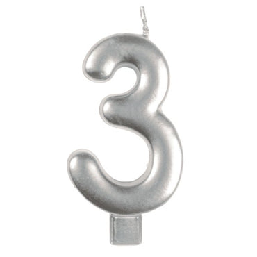 Silver #3 Numeral Moulded Candle 8cm Each