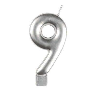 Silver #9 Numeral Moulded Candle 8cm Each