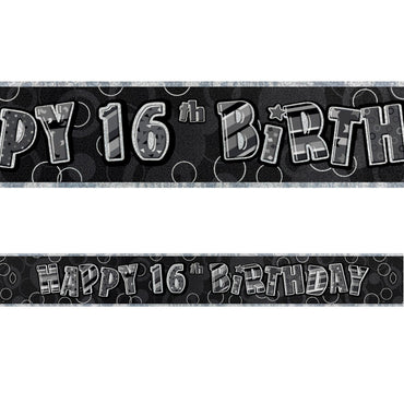 Black Glitz 16th Birthday Foil Banner 3.6m - Party Savers