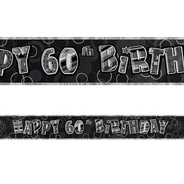 Black Glitz 60th Birthday Foil Banner 3.6m - Party Savers