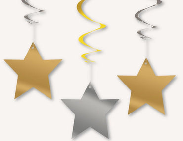 Gold Star Hanging Swirl Decorations 90cm 3pk - Party Savers