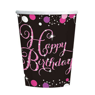 Pink Celebration Happy Birthday 266ml Cups 8pk - Party Savers