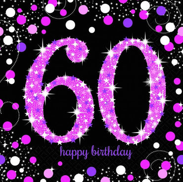 Pink Celebration 60th Happy Birthday Lunch Napkins 33cm 16pk - Party Savers