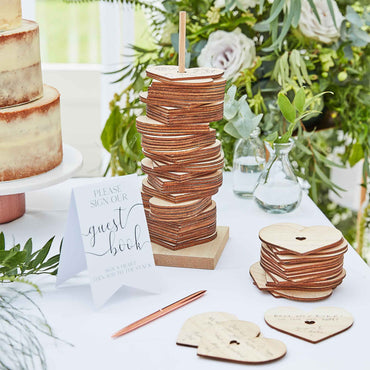 Botanical Wedding Guest Book Wooden Stacking Heart 31cm height - Party Savers